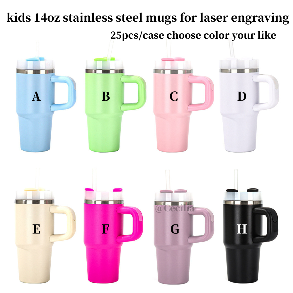 25Pack 14oz Baby Cups Stanleys Quencher Tumblers with Handle Kids Power Coated Stainless Steel Tumblers with Handle for Laser Engraving