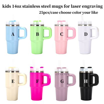 25Pack 14oz Baby Cups Stanleys Quencher Tumblers with Handle Kids Power Coated Stainless Steel Tumblers with Handle for Laser Engraving