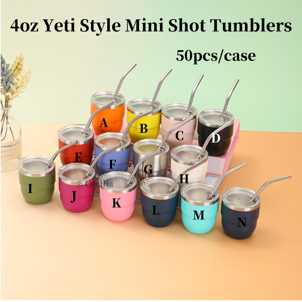 50Pack China Warehouse 4oz Yeti Style Doule Wall Stainless Steel Mini Shot Tumblers with Metal Straw for Laser Engraving