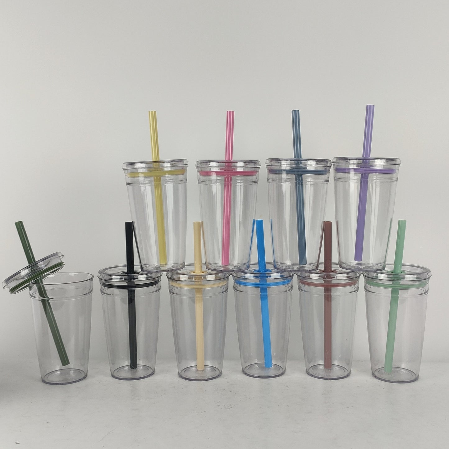 20Pack China Warehouse 2025 Summer 15oz 450ml Tritan Plastic Cups with Color Straw and Stainless Steel Straw Brush