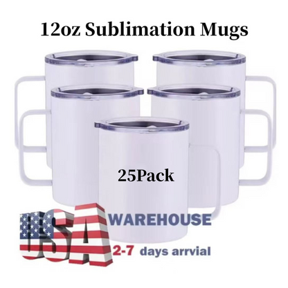 12oz White Blank Sublimation Stainless Steel Mugs with Handle 25 Pack USA Warehouse