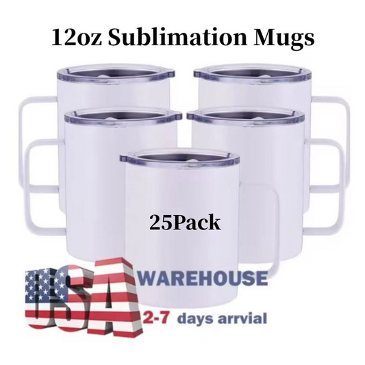 12oz White Blank Sublimation Stainless Steel Mugs with Handle 25 Pack USA Warehouse