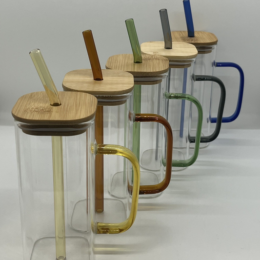 300-400ML Square Glass Mugs With Handle And Bamboo Lids For UV DTF Wraps 50Pack China Warehouse