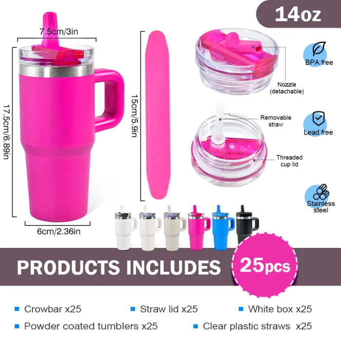14oz Kids Powder Coating Mugs With Leak Proof Pro Lids for Laser Engraving 25 Pack USA Warehouse