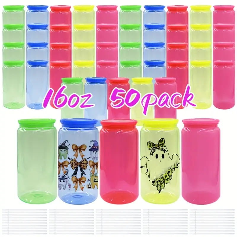 16oz Neon Color Plastic Acrylic Can Plastic Cups for UV DTF Wraps 50 Pack USA Warehouse