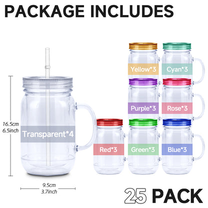 20oz Pre Drilled Double Wall Plastic Mason Jar with Plug 25 Pack USA Warehouse