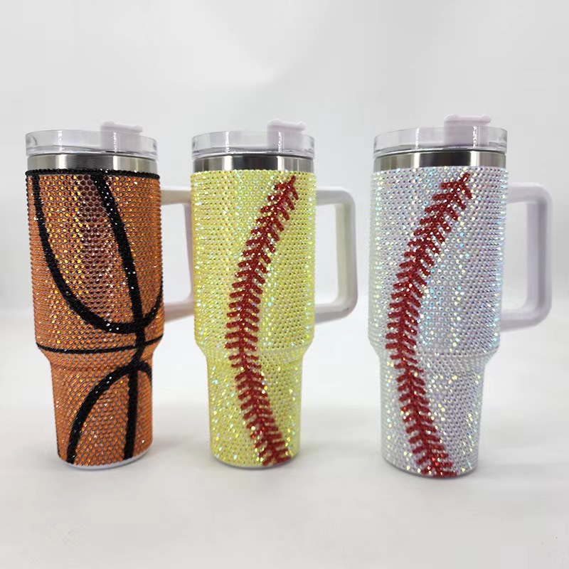 H1.0 40oz Baseball Bling Rhinestone Tumblers with Handle 20 Pack USA Warehouse