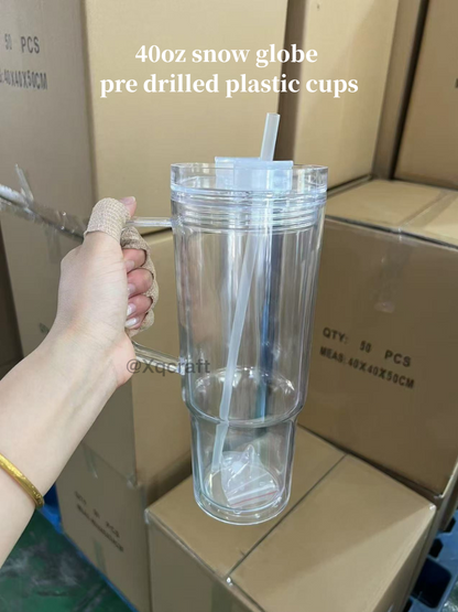 40oz Pre Drilled Hole Snow Globe Plastic Mugs Clear Double Wall Cups 20Pack China Warehouse